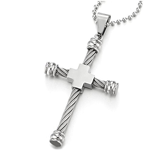 COOLSTEELANDBEYOND Mens Stainless Steel Cross Pendant Necklace Embedded with Steel Twisted Cable, 30 inches Ball Chain - coolsteelandbeyond