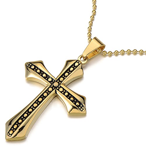 Mens Stainless Steel Cross Pendant Necklace Gold Color with 23.6 inches Ball Chain