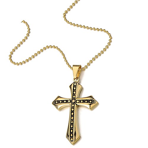 Mens Stainless Steel Cross Pendant Necklace Gold Color with 23.6 inches Ball Chain