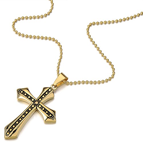 Mens Stainless Steel Cross Pendant Necklace Gold Color with 23.6 inches Ball Chain