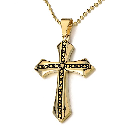 Mens Stainless Steel Cross Pendant Necklace Gold Color with 23.6 inches Ball Chain