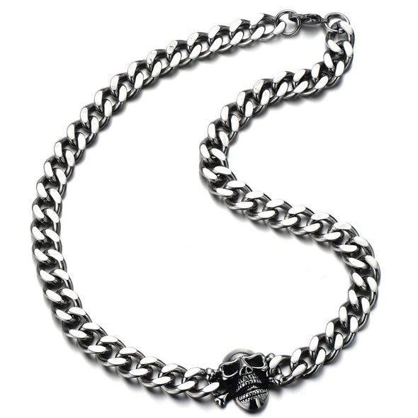 Stainless Steel Curb Chain Skull Necklace for Men, Silver Color, Gothic Style, 30.3MM Width, 22 Inches Length, Ideal for Bold, Edgy Fashion - COOLSTEELANDBEYOND Jewelry