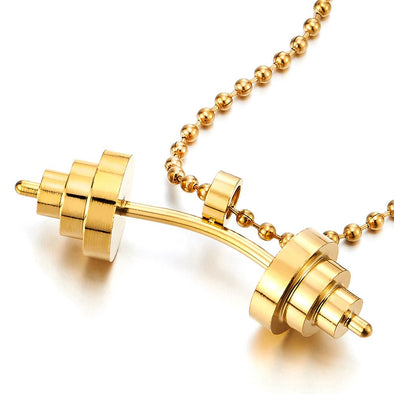 Mens Stainless Steel Gold Color Barbell Dumbbell Pendant Necklace with 23.6 in Ball Chain - COOLSTEELANDBEYOND Jewelry