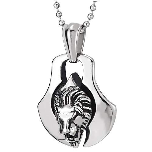 COOLSTEELANDBEYOND Mens Stainless Steel Lion Head Axe Dog Tag Pendant Necklace with 30 inches Ball Chain - coolsteelandbeyond