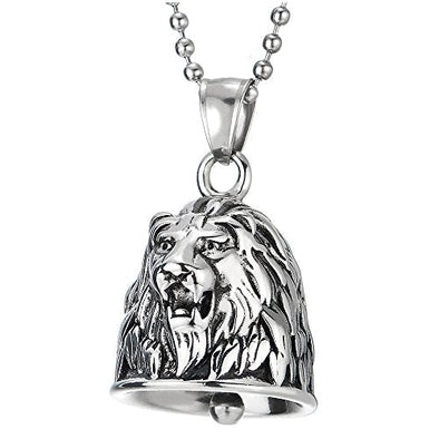 COOLSTEELANDBEYOND Mens Stainless Steel Lion Head Bell Pendant Necklace with 30 Inches Steel Ball Chain - coolsteelandbeyond