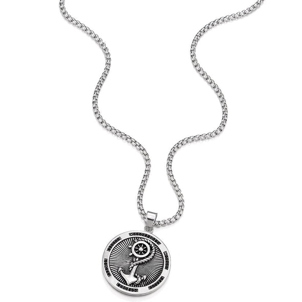 Mens Stainless Steel Marine Anchor Steering Wheel Circle Pendant Necklace with Black Cubic Zirconia - COOLSTEELANDBEYOND Jewelry