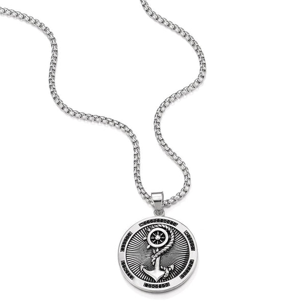 Mens Stainless Steel Marine Anchor Steering Wheel Circle Pendant Necklace with Black Cubic Zirconia - COOLSTEELANDBEYOND Jewelry