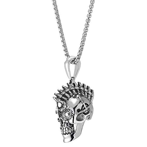 COOLSTEELANDBEYOND Mens Stainless Steel Rock Punk Mechanic Skull Pendant Necklace with 30 inches Wheat Chain, Gothic - coolsteelandbeyond