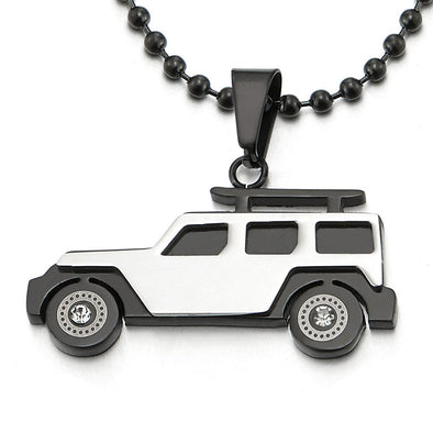 Mens Stainless Steel Silver Black SUV Car Pendant Necklace with CZ, 23.6 in Ball Chain - COOLSTEELANDBEYOND Jewelry