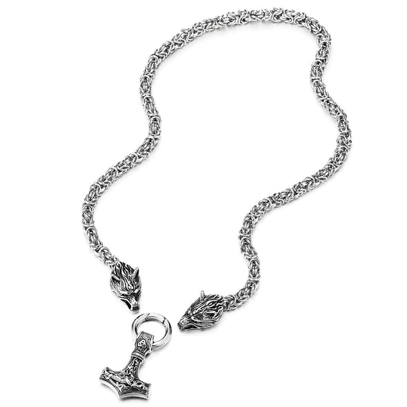 Mens Steel Byzantine Chain Necklace Vintage Wolf Head Ring Thors Hammer Irish Celtic Knot Pendant - COOLSTEELANDBEYOND Jewelry