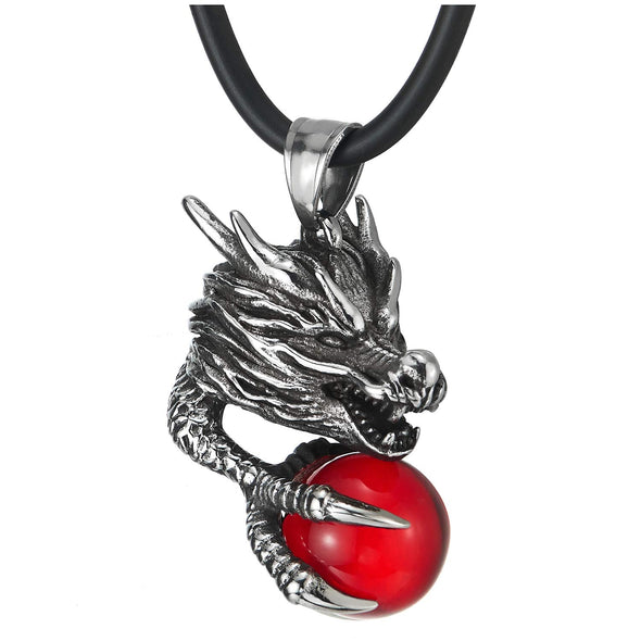 Mens Steel Dragon Head Spiked Claw Grabbing Red Ball Pendant Necklace Black Silicone Cord - COOLSTEELANDBEYOND Jewelry