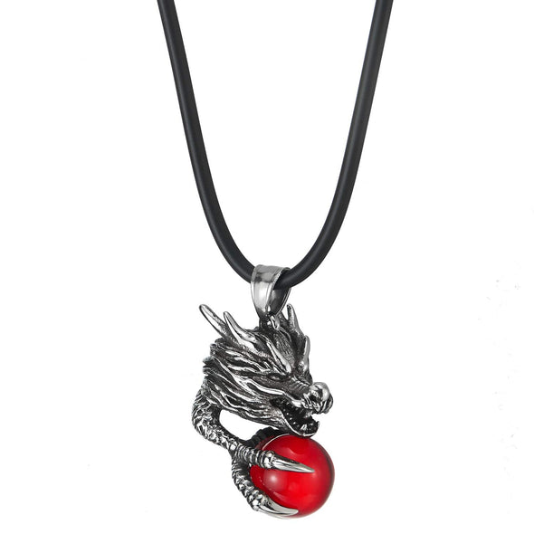 Mens Steel Dragon Head Spiked Claw Grabbing Red Ball Pendant Necklace Black Silicone Cord - COOLSTEELANDBEYOND Jewelry