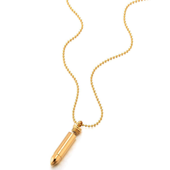 Mens Steel Gold Color Screw Off Bullet Pendant Necklace, Pill Box Memorial Holder, 23.6 in Chain,