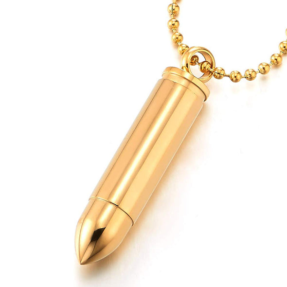 Mens Steel Gold Color Screw Off Bullet Pendant Necklace, Pill Box Memorial Holder, 23.6 in Chain,