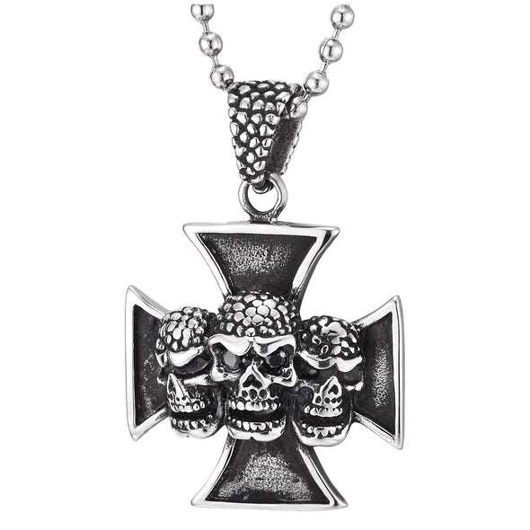 COOLSTEELANDBEYOND Mens Steel Gothic Biker Vintage Tri-Skulls Cross Pendant Necklace with 23.6 Inches Steel Ball Chain - coolsteelandbeyond