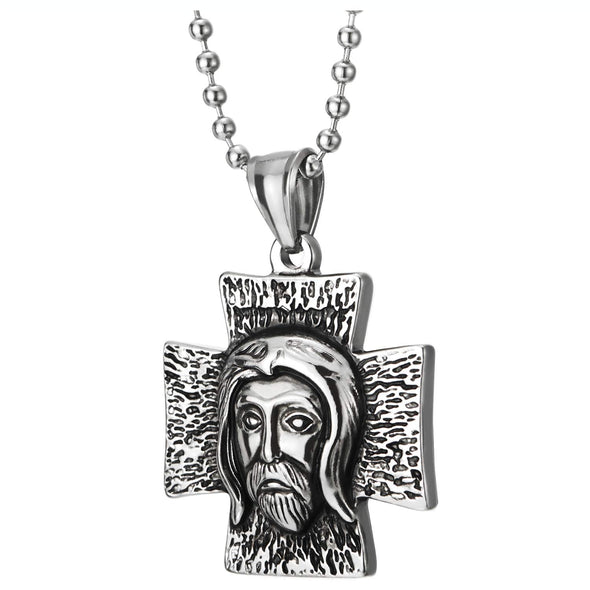 Mens Steel Jesus Christ Rough Textured Cross Pendant Necklace, 23.6 inches Ball Chain - COOLSTEELANDBEYOND Jewelry