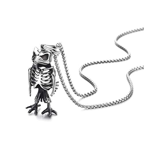 COOLSTEELANDBEYOND Mens Steel Retro Owl Woodpecker Skeleton Bone Pendant Necklace, Gothic Style, 30 inches Wheat Chain - coolsteelandbeyond