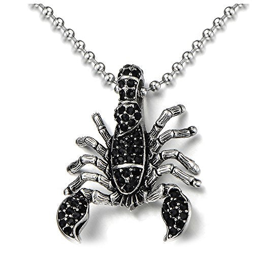 Steel Scorpion Pendant Necklace for Men with Black Cubic Zirconia, Gothic Style, Complete with 23.6-Inch Ball Chain for a Striking, Edgy Look - COOLSTEELANDBEYOND Jewelry