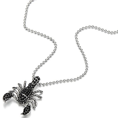 Steel Scorpion Pendant Necklace for Men with Black Cubic Zirconia, Gothic Style, Complete with 23.6-Inch Ball Chain for a Striking, Edgy Look
