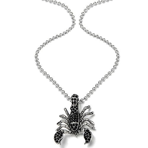 Steel Scorpion Pendant Necklace for Men with Black Cubic Zirconia, Gothic Style, Complete with 23.6-Inch Ball Chain for a Striking, Edgy Look