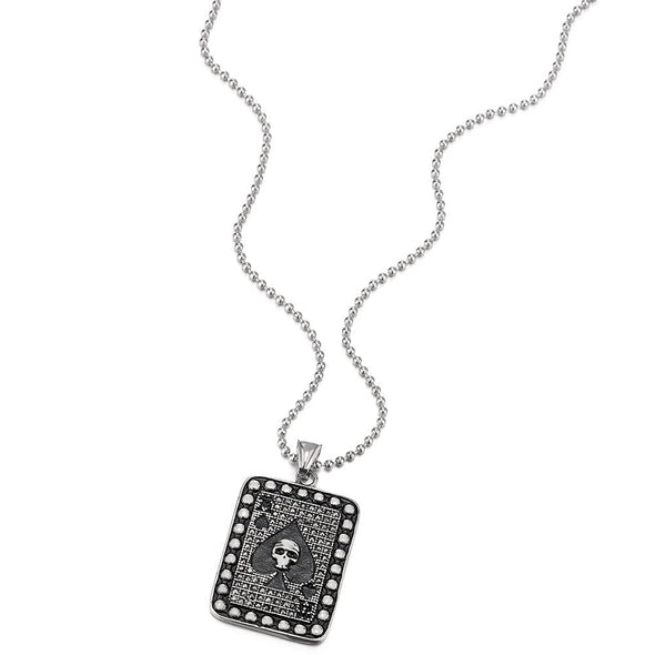 COOLSTEELANDBEYOND Mens Steel Silver Black Ace Card Poker Pendant Necklace with Skull and Black CZ, 30 in Ball Chain - coolsteelandbeyond