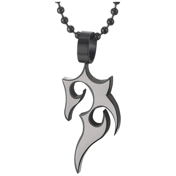 Mens Steel Silver Black Tribal Tattoo Flame Pendant Necklace, 23.6 in Ball Chain, Polished and Satin