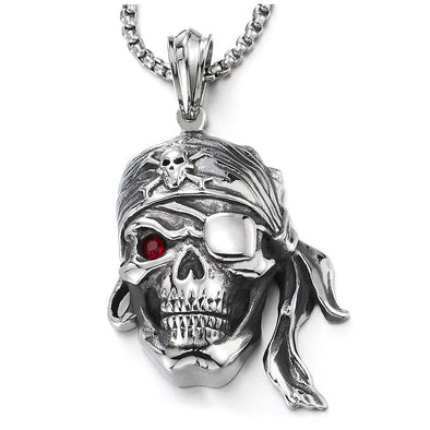COOLSTEELANDBEYOND Mens Steel Viking Pirate Skull Pendant Necklace with Red Cubic Zirconia and 30 inches Wheat Chain - coolsteelandbeyond