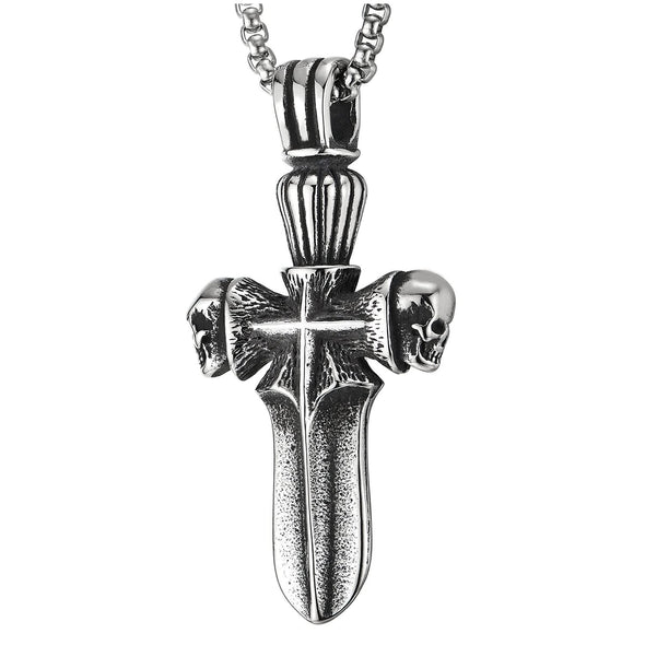 Mens Steel Vintage Cross Sword Pendant Necklace with Two Skulls, 23 in Wheat Chain, - COOLSTEELANDBEYOND Jewelry