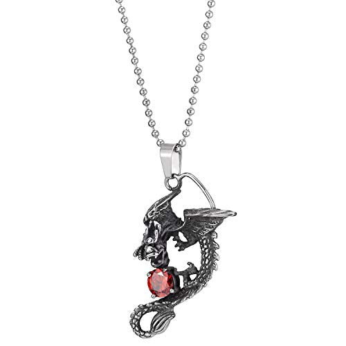 COOLSTEELANDBEYOND Mens Steel Vintage Dragon Eagle Pendant Necklace with Red Cubic Zirconia, 30 inches Ball Chain - coolsteelandbeyond