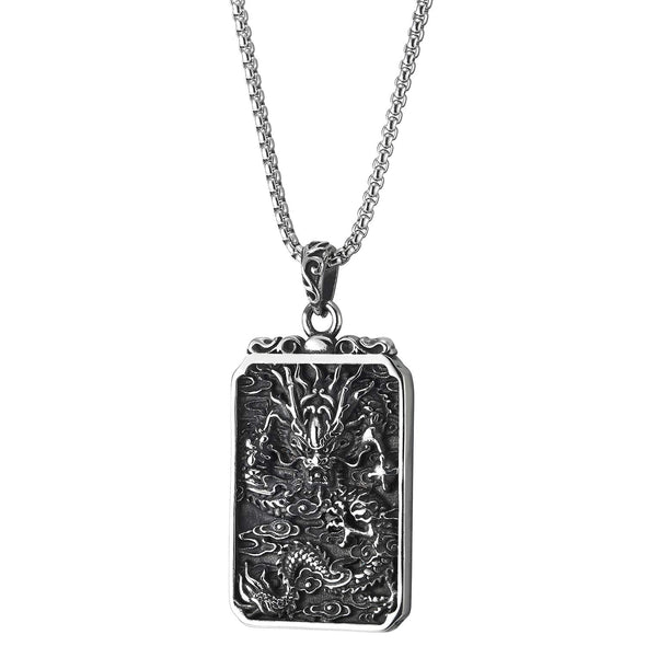 Mens Steel Vintage Flying Dragon Chinese Character Dog Tag Pendant Necklace Oxidized Black, Two-Side - COOLSTEELANDBEYOND Jewelry