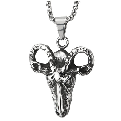 Mens Steel Vintage Horn Goat Head Skeleton Pendant Necklace, Biker, 30 Inches Wheat Chain - COOLSTEELANDBEYOND Jewelry