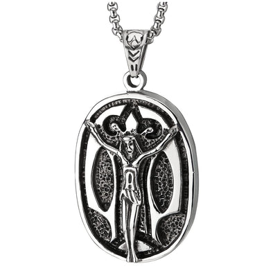 Mens Steel Vintage Jesus Christ Crucifix Oval Plate Pendant Necklace, 30 inches Wheat Chain - COOLSTEELANDBEYOND Jewelry