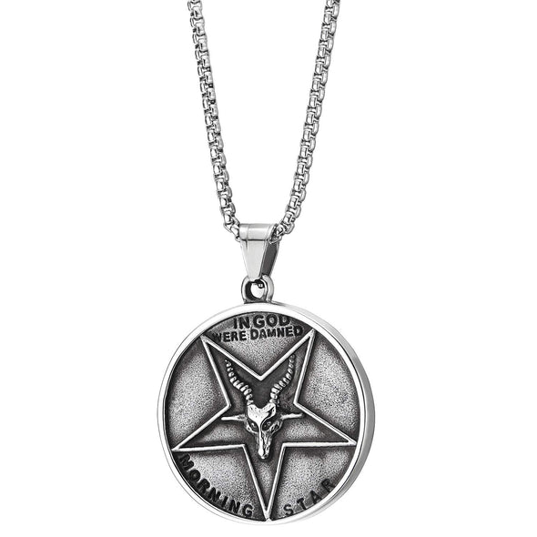 COOLSTEELANDBEYOND Mens Steel Vintage Pentagram Baphomet Goat Jesus Christ Medal Pendant Necklace - coolsteelandbeyond