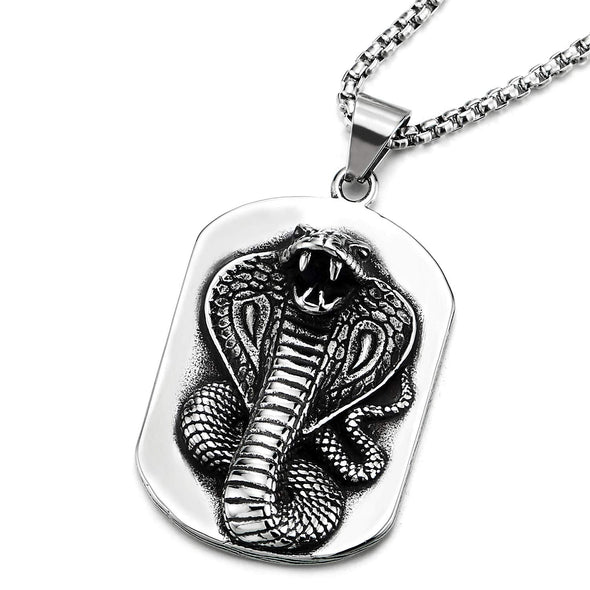 COOLSTEELANDBEYOND Mens Steel Vintage Raised Coiled Cobra Snake Dog Tag Pendant Necklace, 30 Inches Wheat Chain - coolsteelandbeyond
