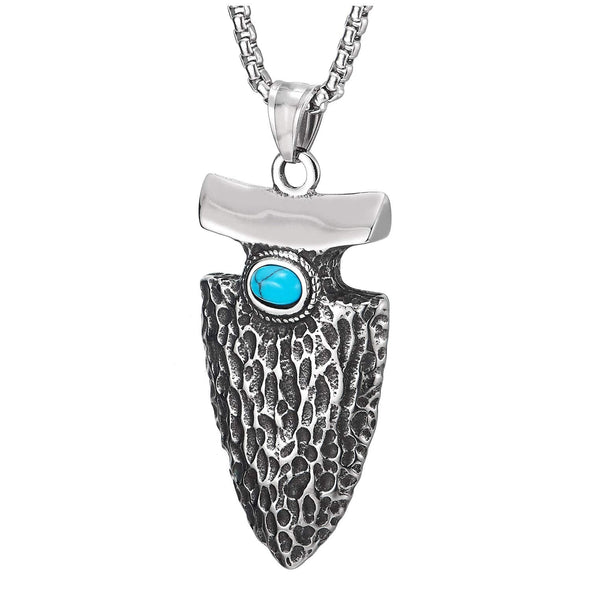 Mens Steel Vintage Two-Sided Textured Sword Pendant Necklace with Turquoise and Skull, 30 in Chain - COOLSTEELANDBEYOND Jewelry