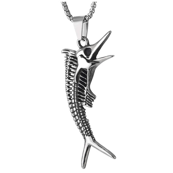 Mens Vintage Fish Skeleton Bone Pendant Necklace Steel Gothic Style, 30 inches Wheat Chain - COOLSTEELANDBEYOND Jewelry