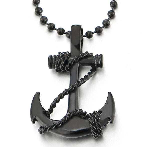 COOLSTEELANDBEYOND Mens Women Black Marine Anchor Pendant Necklace Stainless Steel with 23.6 inches Ball Chain - coolsteelandbeyond