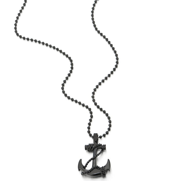 COOLSTEELANDBEYOND Mens Women Black Marine Anchor Pendant Necklace Stainless Steel with 23.6 inches Ball Chain - coolsteelandbeyond