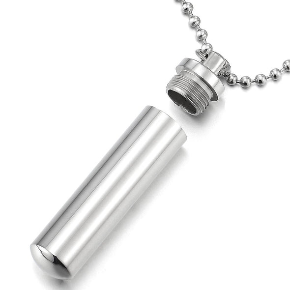 Mens Women Cylinder Ashes Memorial Pendant Pill Box Necklaces Steel, 23.6 inches Ball Chain - COOLSTEELANDBEYOND Jewelry
