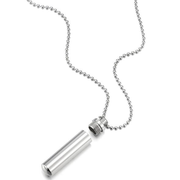 Mens Women Cylinder Ashes Memorial Pendant Pill Box Necklaces Steel, 23.6 inches Ball Chain - COOLSTEELANDBEYOND Jewelry