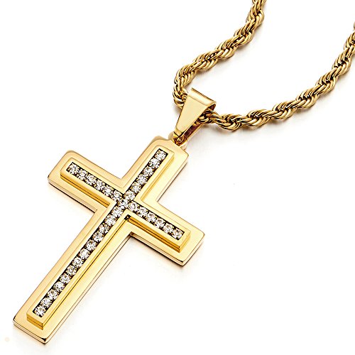 Mens Women Large Gold Color Cross Pendant Necklace Steel with Cubic Zirconia and 30 inches Rope Chain