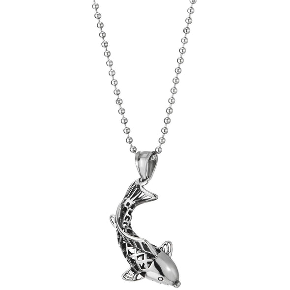 Mens Women Lucky Koi Fish Goldfish Pendant Necklace Stainless Steel, 23.6 in Ball Chain Unique