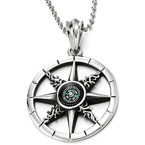 Mens Women Marine Steering Wheel and Compass Pendant Necklace Stainless Steel 30 inches Ball Chain - COOLSTEELANDBEYOND Jewelry