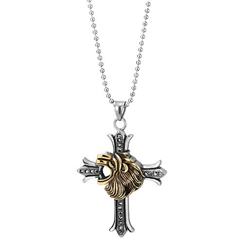 COOLSTEELANDBEYOND Mens Women Silver Black Stainless Steel Vintage Lion Head Cross Pendant Necklace with Cubic Zirconia - coolsteelandbeyond