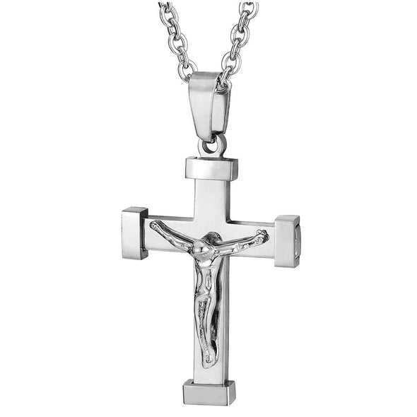 Mens Women Small Stainless Steel Jesus Christ Crucifix Cross Pendant Necklace, 20 inches Rope Chain