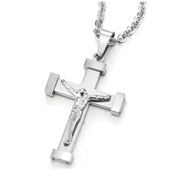 Mens Women Small Stainless Steel Jesus Christ Crucifix Cross Pendant Necklace, 20 inches Rope Chain