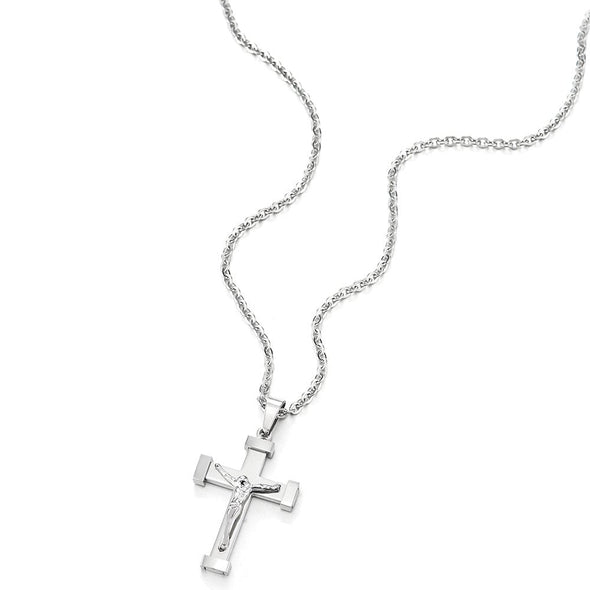 Mens Women Small Stainless Steel Jesus Christ Crucifix Cross Pendant Necklace, 20 inches Rope Chain