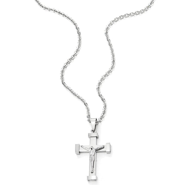Mens Women Small Stainless Steel Jesus Christ Crucifix Cross Pendant Necklace, 20 inches Rope Chain