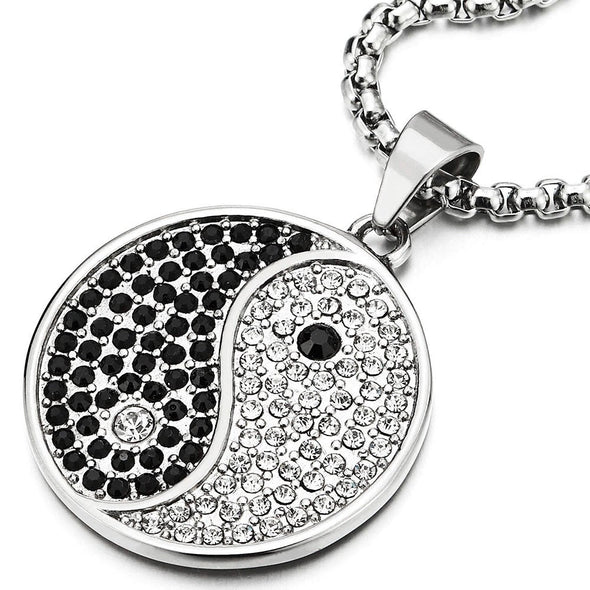 Mens Women Stainless Steel Black White Cubic Zirconia Yin Yang Pendant Necklace, 30 inch Wheat Chain - COOLSTEELANDBEYOND Jewelry