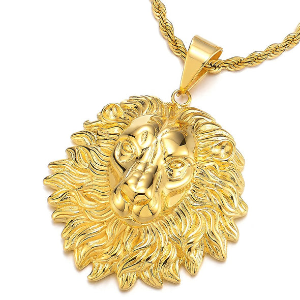 COOLSTEELANDBEYOND Mens Women Stainless Steel Gold Color Lion Head Pendant Necklace with 30 inches Rope Chain - coolsteelandbeyond